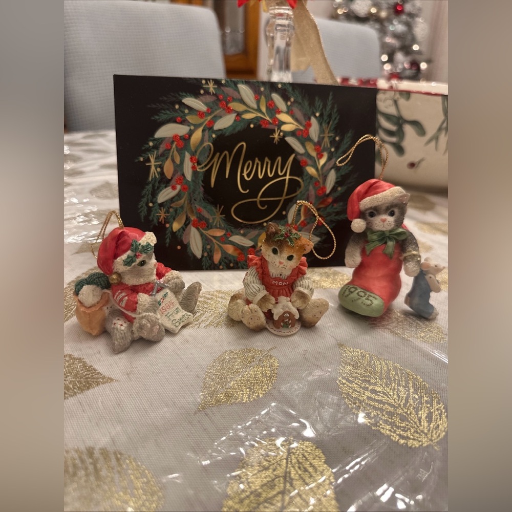 Calico kittens vintage 1990s Christmas ornaments set of three